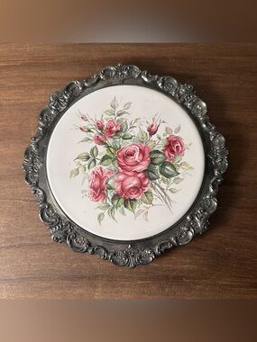 Wallace Baroque Silverplated Trivet Floral Design on Porcelain 8" Vintage